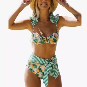 SPORLIKE Women Ruffle High Waisted Swimsuit Adjustable Straps Bikini